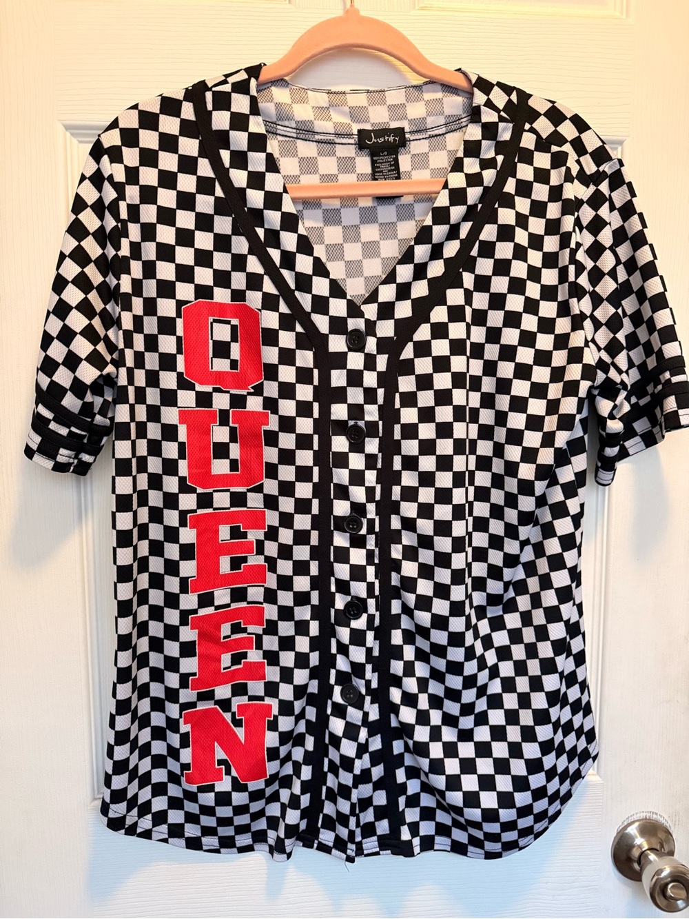 Juicy Couture Black & White Checkered Button-Up Top with Red QUEEN Letters